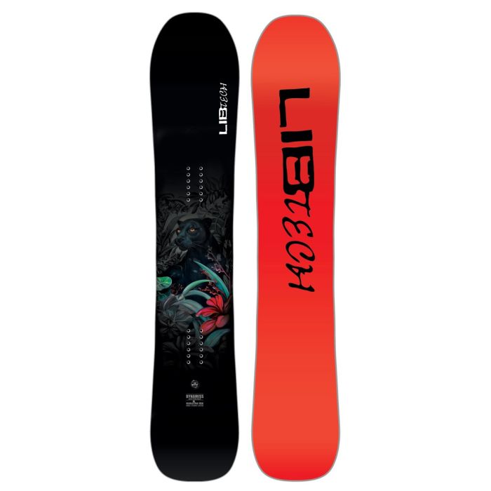 Lib Tech Women's Dynamiss Snowboard 2026 - A black snowboard with a colorful floral design on its bottom.