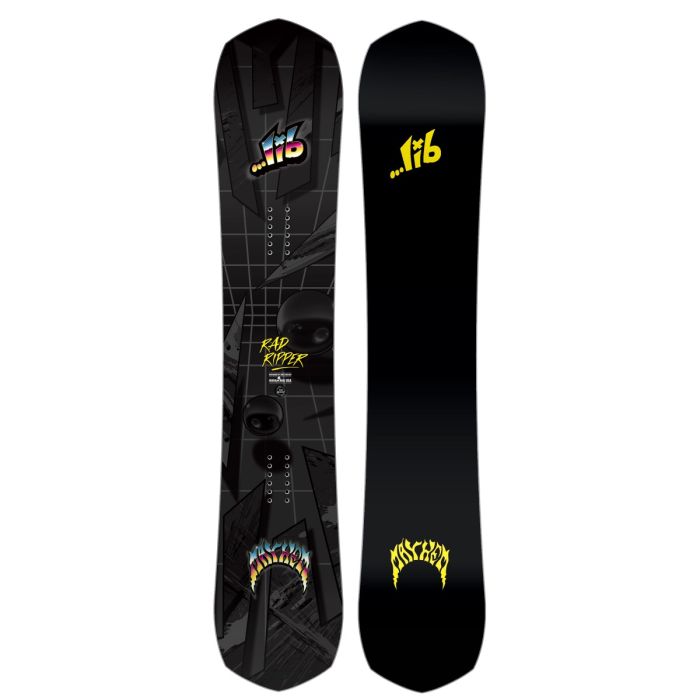 Lib Tech Mayhem Rad Ripper Snowboard - A black snowboard with a geometric pattern and "Rad Ripper" written in yellow letters on top of it.