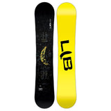 Lib Tech Skate Banana Snowboard 2026 - A black snowboard with a yellow banana graphic on top of a dark gray background.