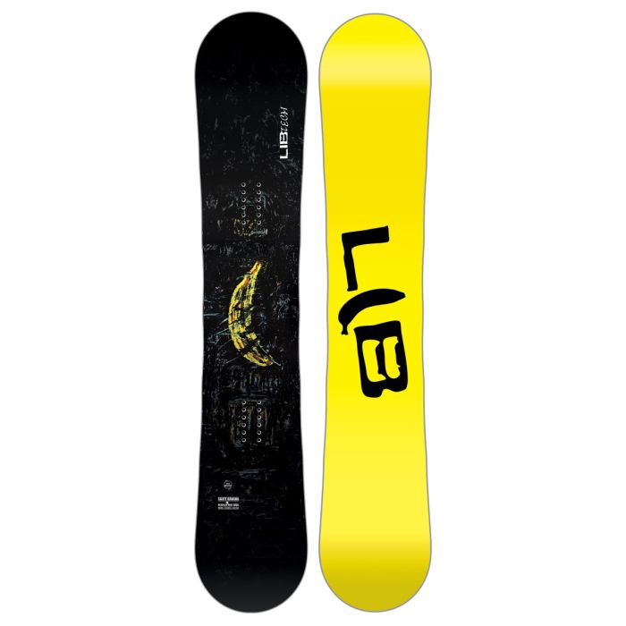 Lib Tech Skate Banana Snowboard 2026 - A black snowboard with a yellow banana graphic on top of a dark gray background.