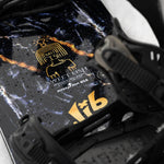 Lib Tech Mayhem Sweetfish snowboard, black with multicolor graphics and mounted bindings