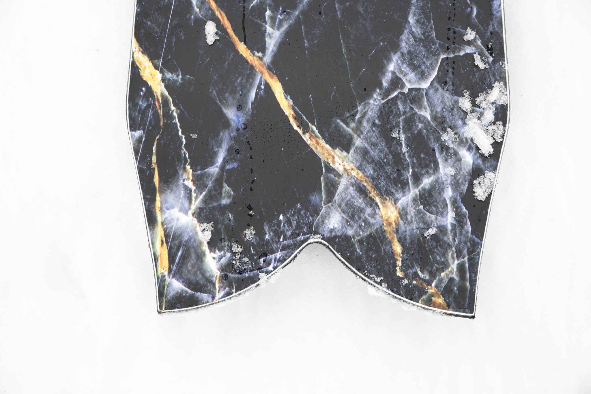 Lib Tech Mayhem Sweetfish snowboard tail, dark base with marbled lightning graphics