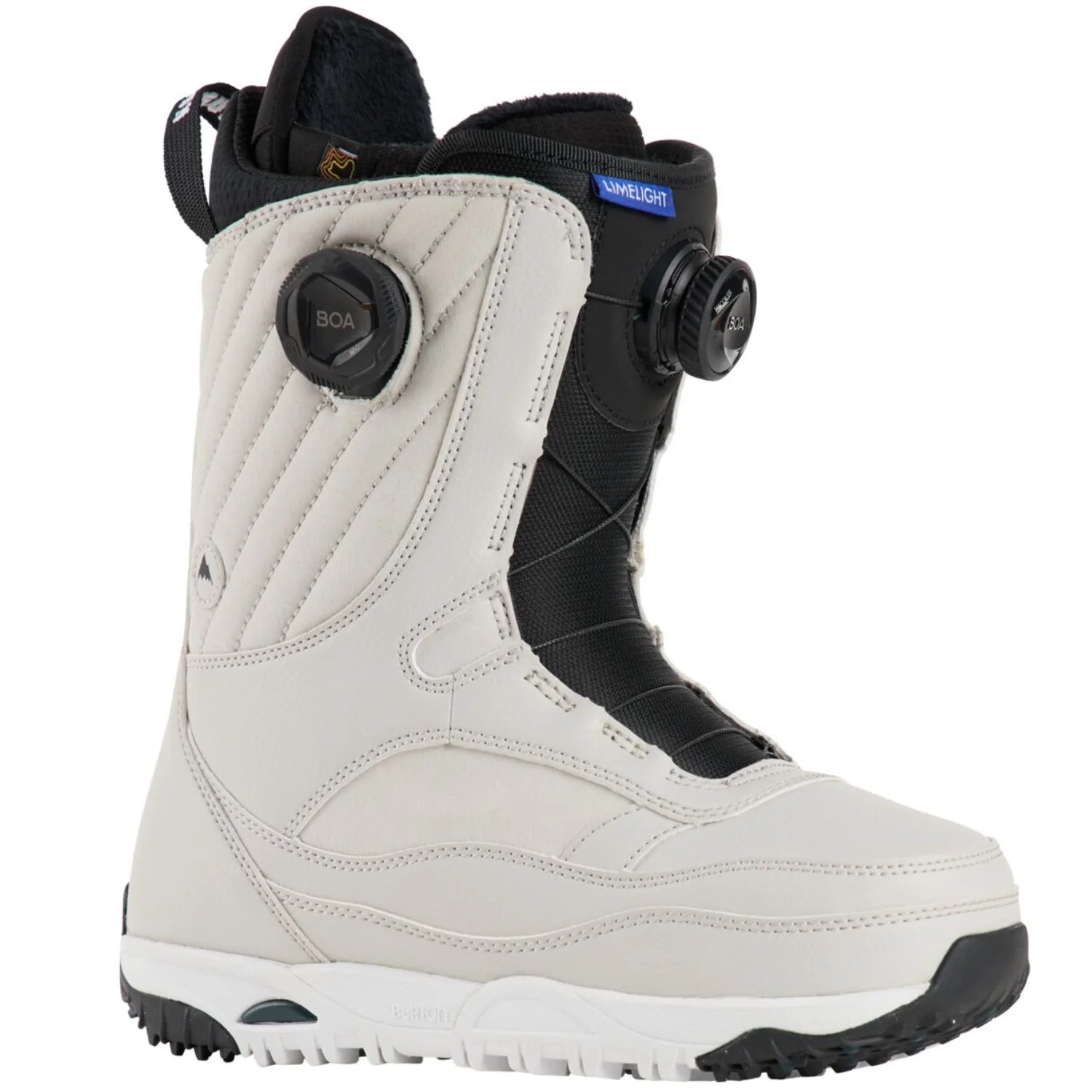 Burton Women's Limelight Boa Snowboard Boot 2025 - A white snowboard boot with a black BOA dial on the side and a blue label that says "Limelight" in white text.