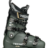 Green high-performance ski boot with adjustable buckles and padded collar
