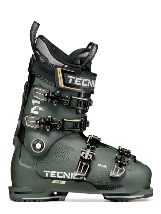 Green high-performance ski boot with adjustable buckles and padded collar