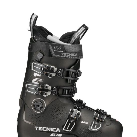 Tecnica Mach1 HV ski boot in black with gold accents, four buckles and padded cuff