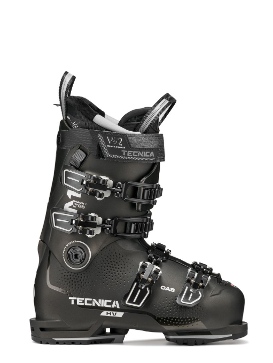 Tecnica Mach1 HV ski boot in black with gold accents, four buckles and padded cuff