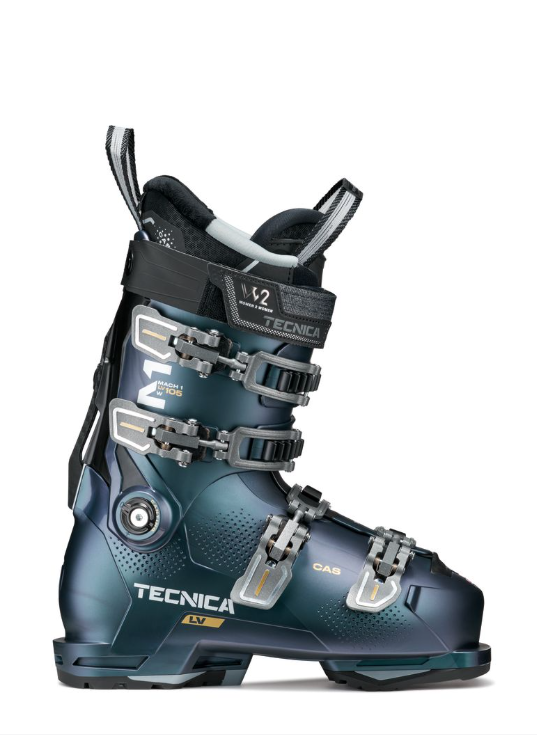 Tecnica ski boots with LV cuff, teal shell, black buckles and straps
