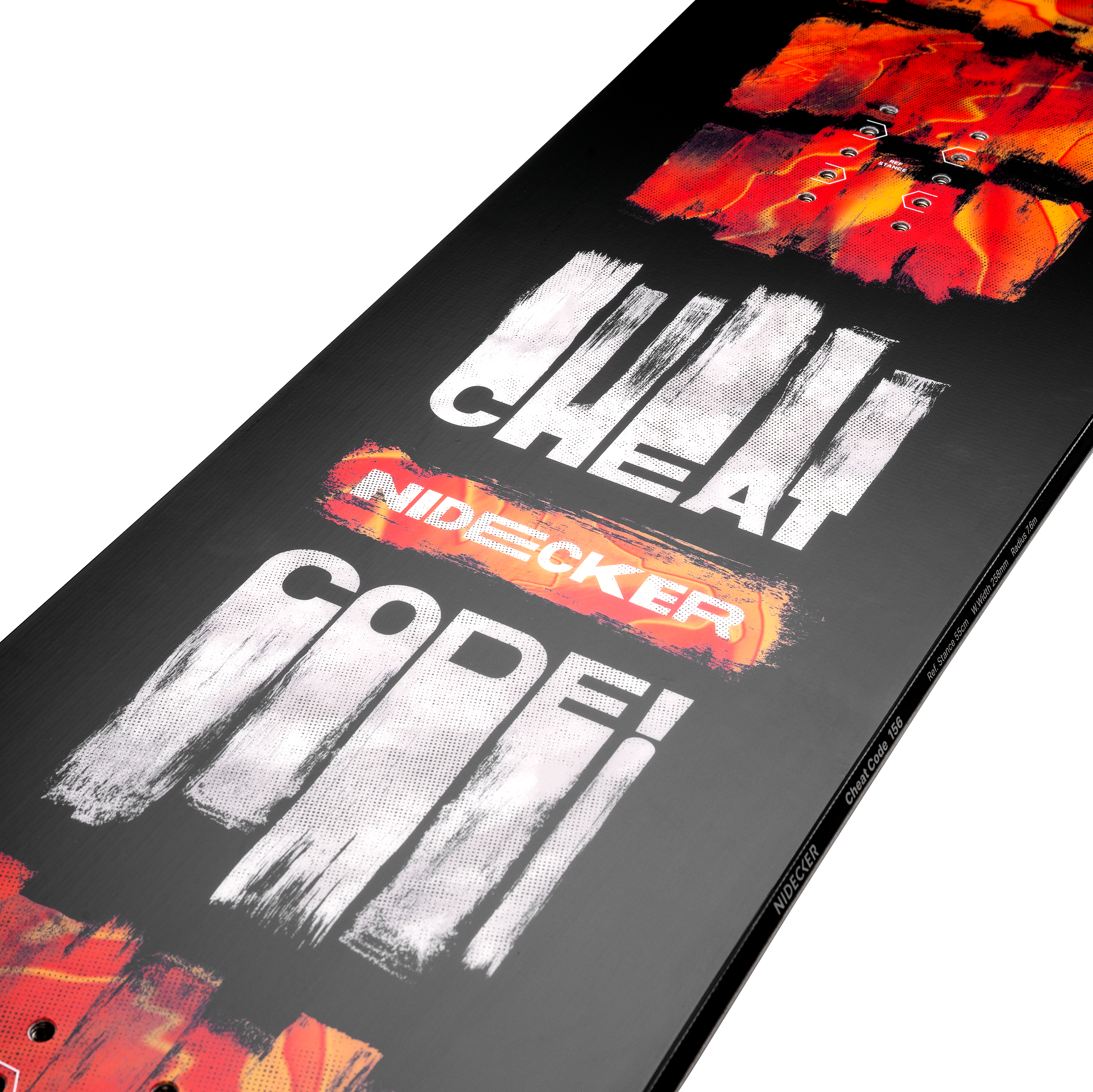 Snowboard topsheet close-up with white CHEAT text and Nidecker logo