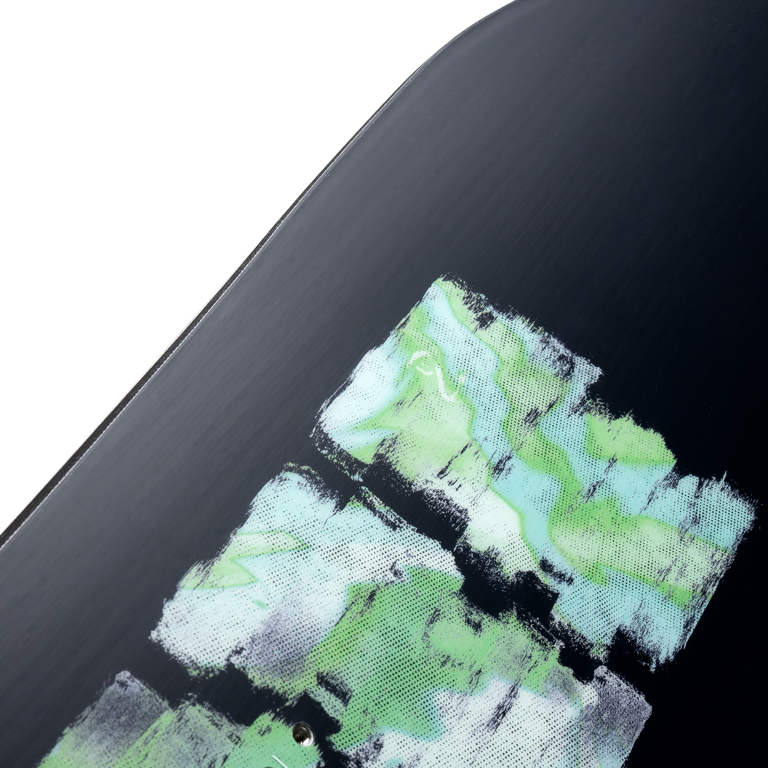 Women’s snowboard top with dark base and lime-green abstract print near bindings area