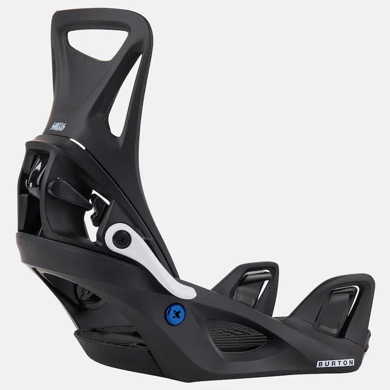 Burton Junior's Step On Snowboard Bindings 2025 - A black snowboard binding with a white logo on the top and a blue star-shaped screw in the middle.