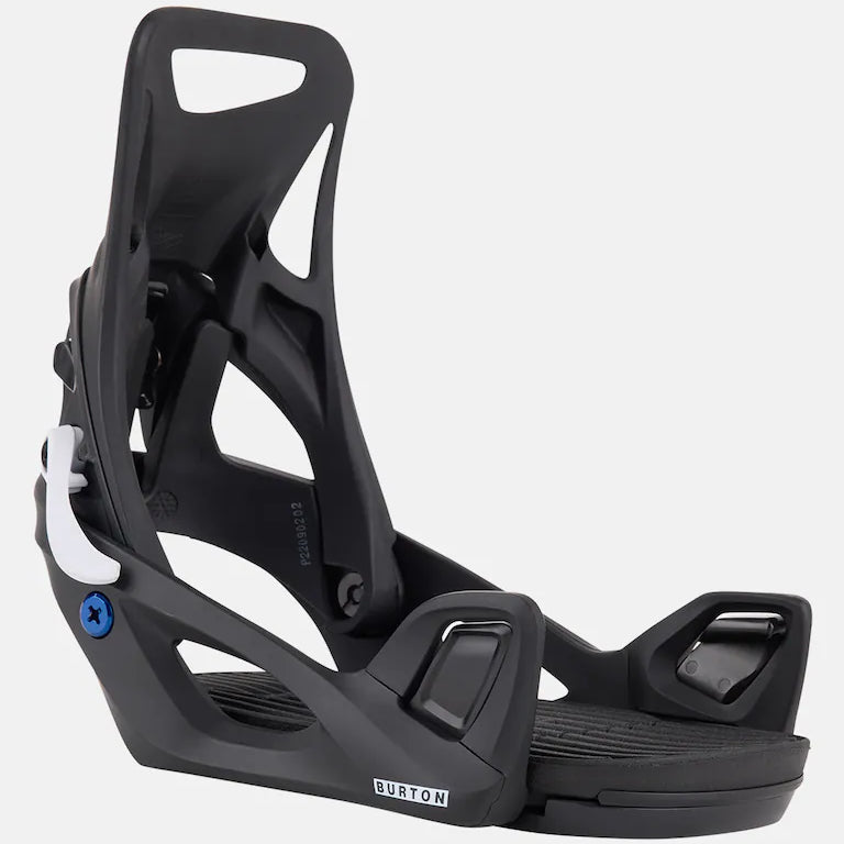 Burton Junior's Step On Snowboard Bindings 2025 - A pair of black snowboard bindings with a blue logo on the left side.