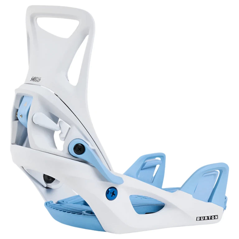 Burton Junior's Step On Snowboard Bindings - White bindings with blue accents and a black logo on the side.