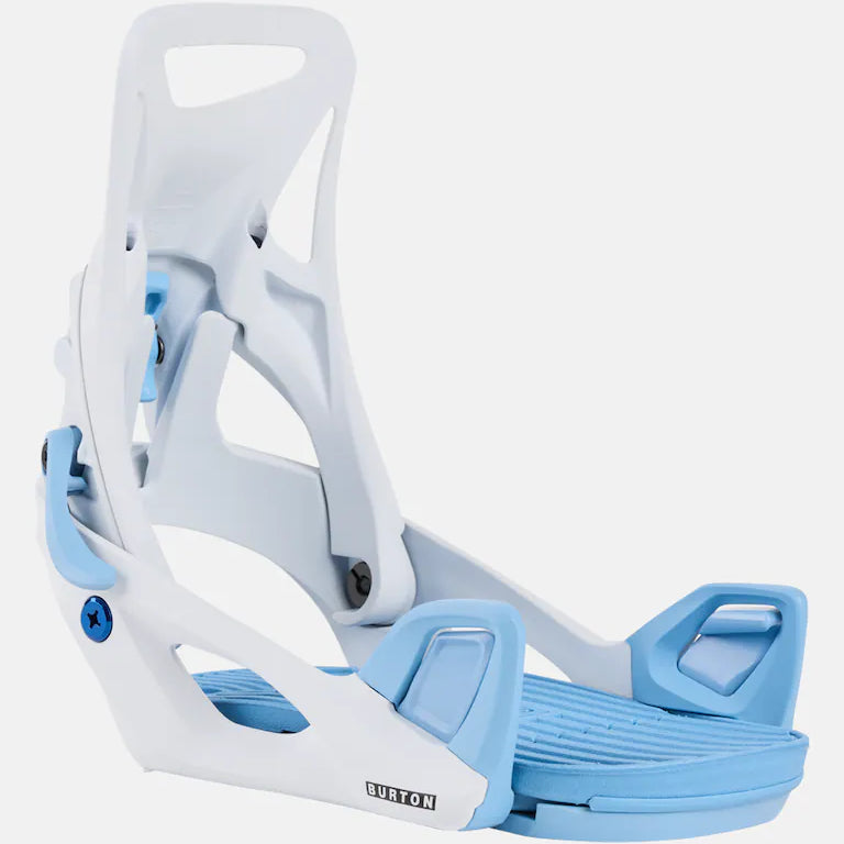Burton Junior's Step On Snowboard Bindings - White bindings with blue accents and a black logo on the side.