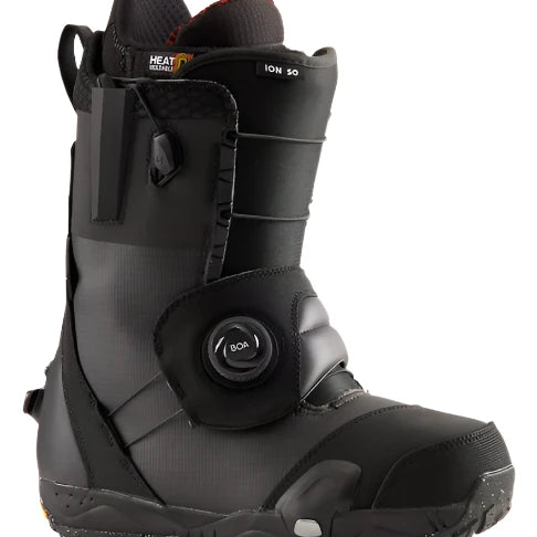 Burton Ion Step On Snowboard Boots 2025 - Black snowboard boots with a distinctive red logo on the tongue and a prominent "ION SO" label above the ankle strap.