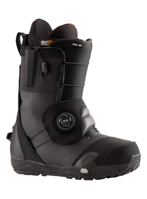 Burton Ion Step On Snowboard Boots 2025 - Black snowboard boots with a distinctive red logo on the tongue and a prominent "ION SO" label above the ankle strap.