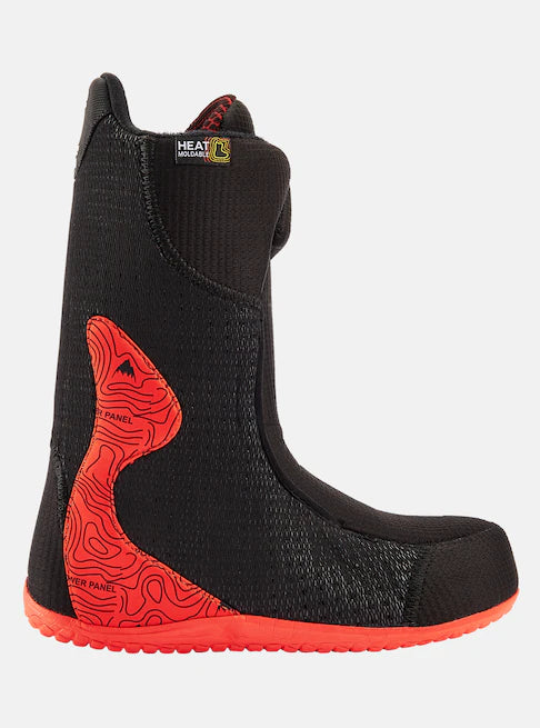 Burton Ion Step On Snowboard Boots 2025 - A pair of black snowboard boots with a red logo on top and a red sole.