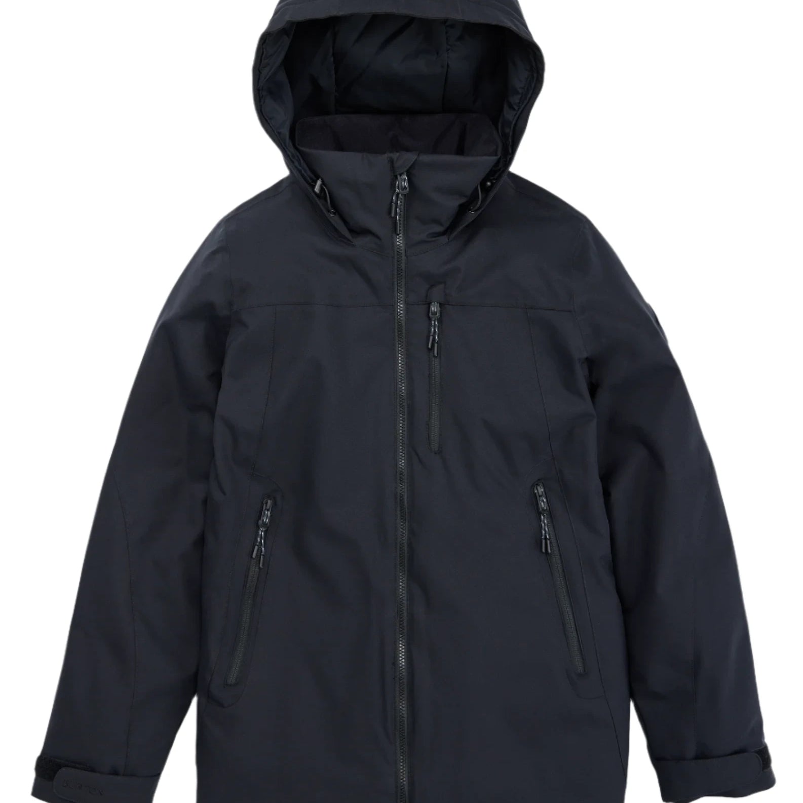 Burton Women's Lelah 2L Jacket 2025 - A black jacket with a hood, featuring two zippered pockets on either side and a central zipper down the front.