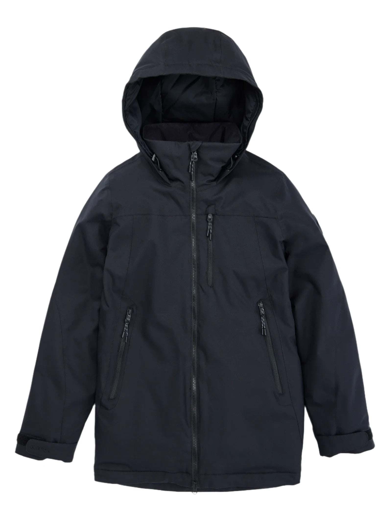 Burton Women's Lelah 2L Jacket 2025 - A black jacket with a hood, featuring two zippered pockets on either side and a central zipper down the front.