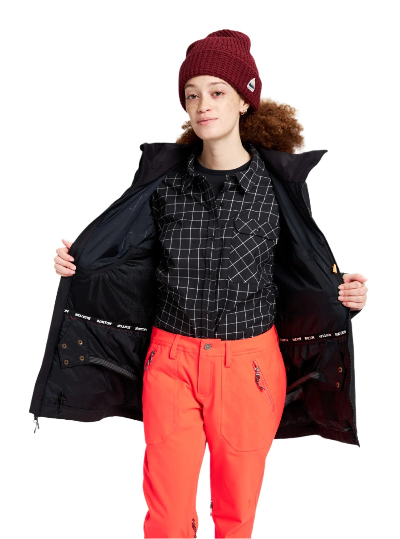 Burton Women's Lelah 2L Jacket 2025 - A black jacket with a white grid pattern and a zippered chest pocket.