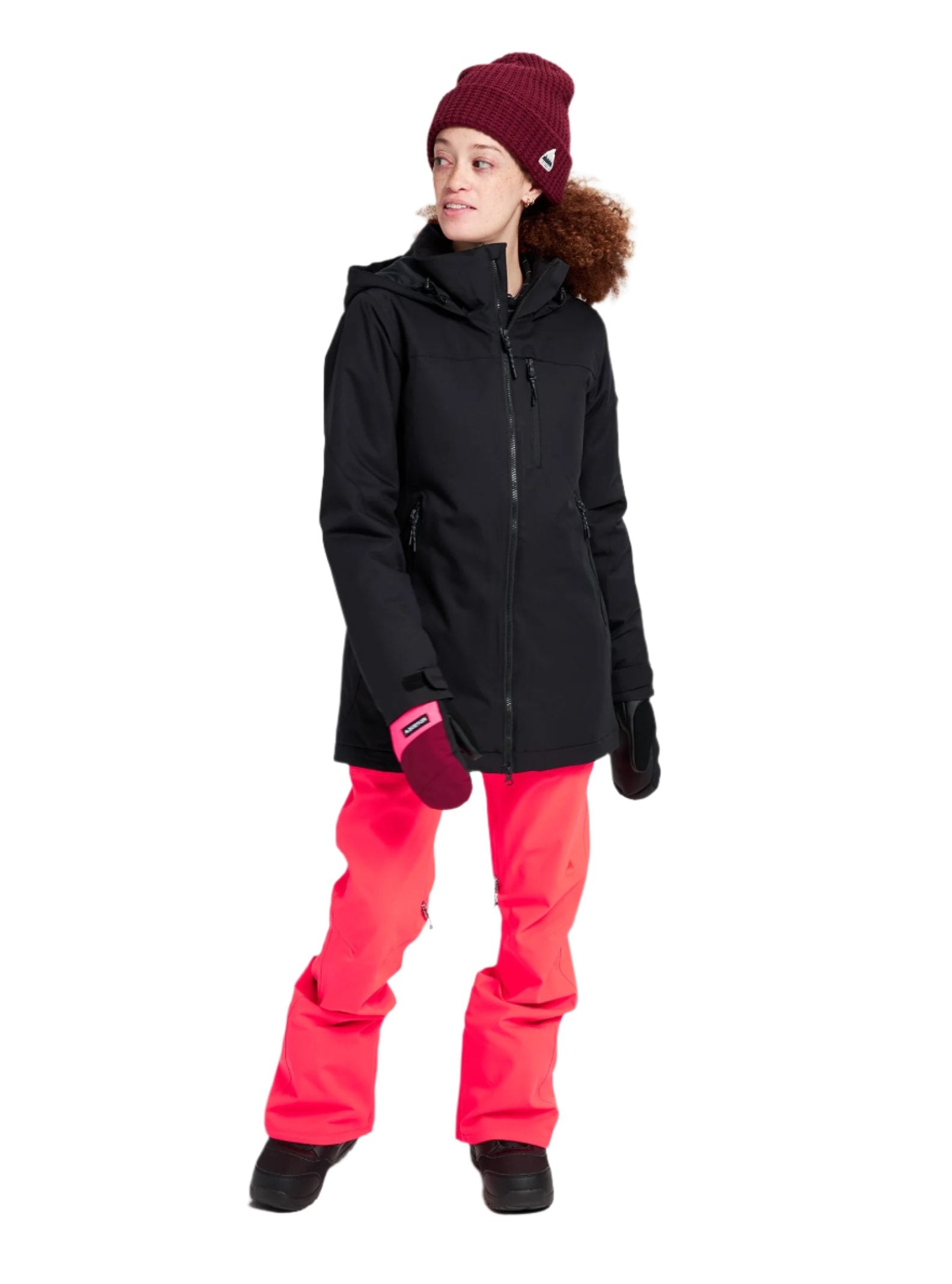 Burton Women's Lelah 2L Jacket 2025 - A black jacket with a high collar and zippered pockets, featuring a small white logo on the left chest area.