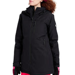 Burton Women's Lelah 2L Jacket 2025 - A black jacket with a hood, featuring two zippered pockets on the front and a white logo patch on the left sleeve.