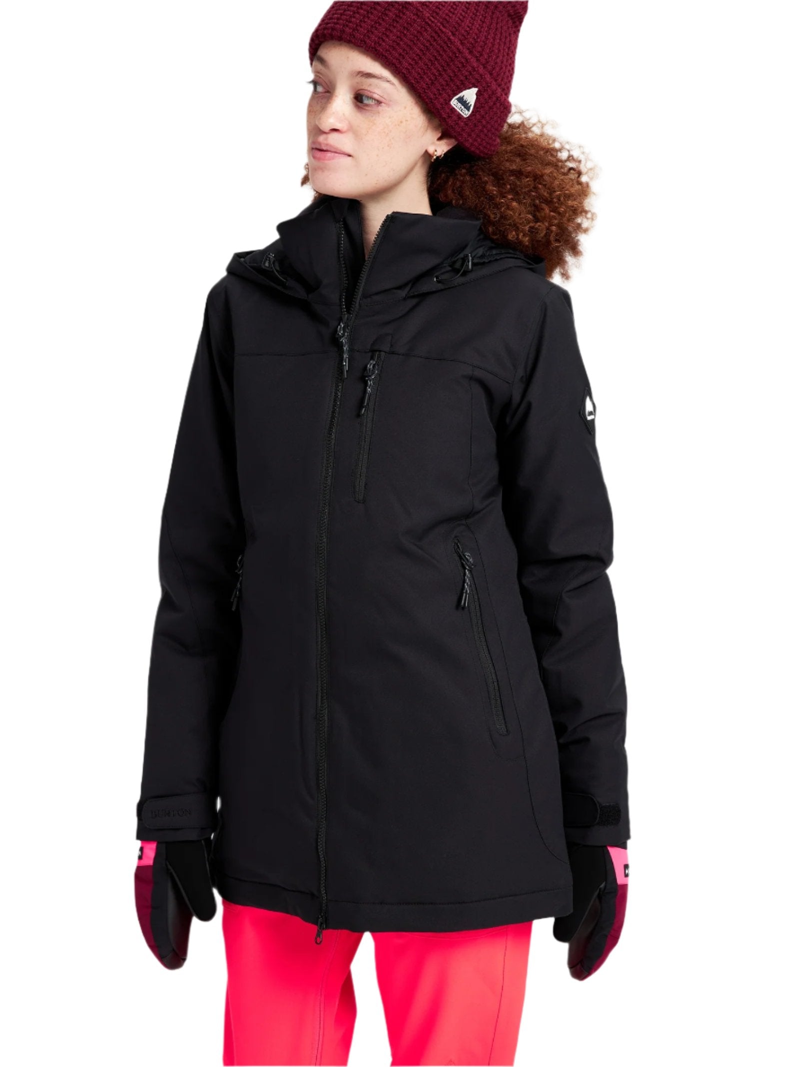 Burton Women's Lelah 2L Jacket 2025 - A black jacket with a hood, featuring two zippered pockets on the front and a white logo patch on the left sleeve.