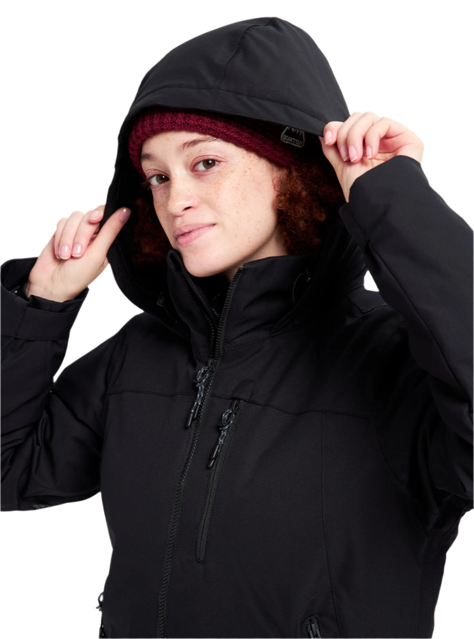 Burton Women's Lelah 2L Jacket - A black jacket with a hood, featuring a zipper and two zippered pockets on the front.