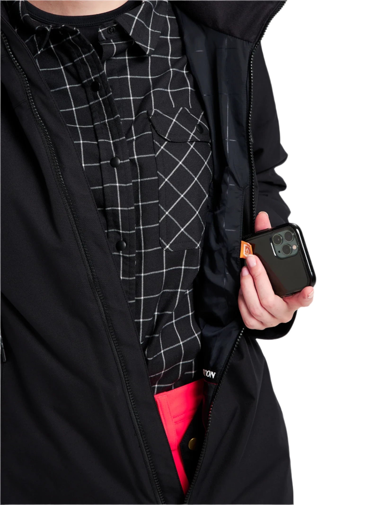 Burton Women's Lelah 2L Jacket 2025 - A black jacket with a white grid pattern on the inside lining.