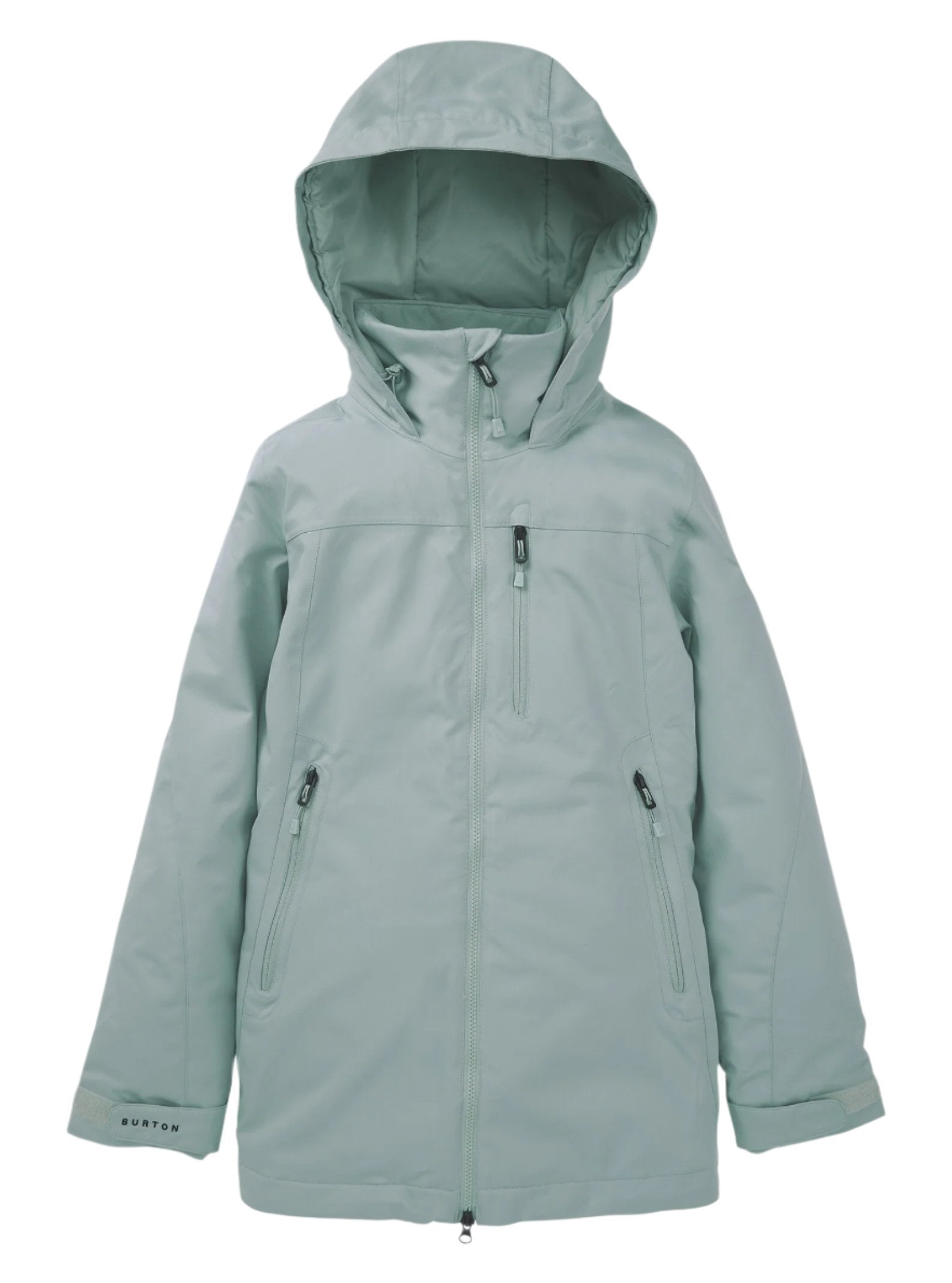 Burton Women's Lelah 2L Jacket 2025 - A light blue jacket with a hood, featuring two zippered pockets on either side and a central zipper down the front.