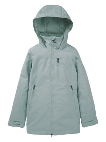 Burton Women's Lelah 2L Jacket 2025 - A light blue jacket with a hood, featuring two zippered pockets on either side and a central zipper down the front.