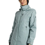 Burton Women's Lelah 2L Jacket 2025 - A light blue jacket with a high collar and zippered pockets, featuring a small black logo on the left sleeve.