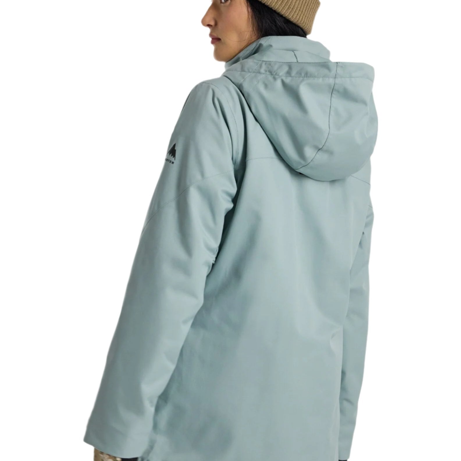Burton Women's Lelah 2L Jacket 2025 - A light blue jacket with a hood and black logo on the left sleeve.