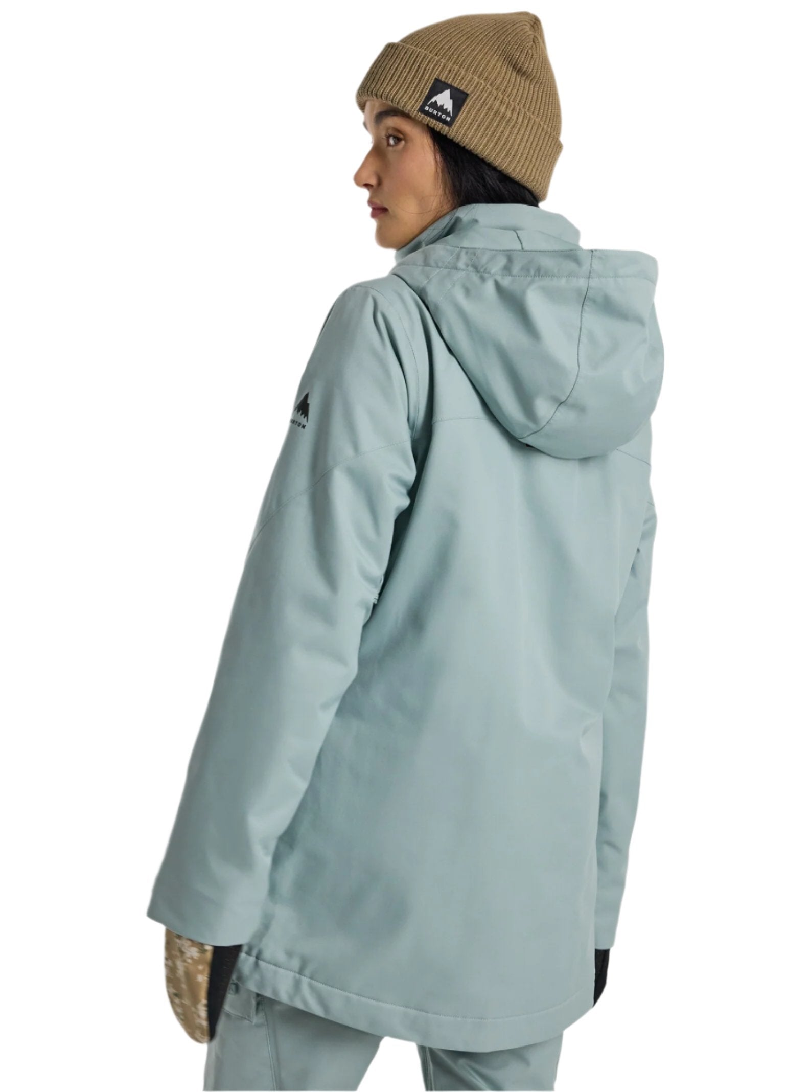 Burton Women's Lelah 2L Jacket 2025 - A light blue jacket with a hood and black logo on the left sleeve.