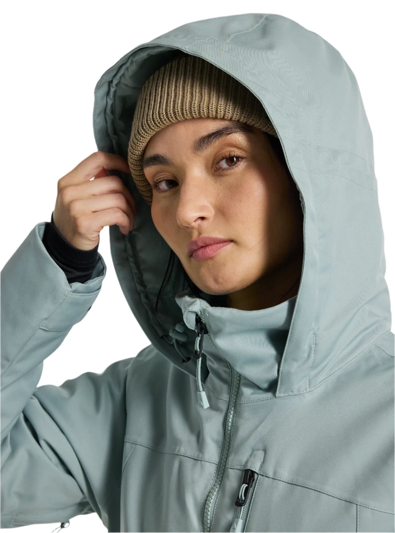 Burton Women's Lelah 2L Jacket 2025 - A light blue jacket with a hood, featuring a zipper and two zippered pockets on the front.