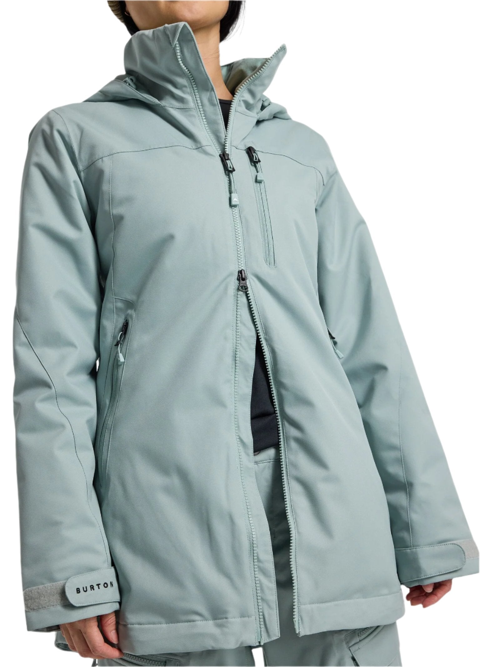 Burton Women's Lelah 2L Jacket 2025 - A light blue jacket with a hood, featuring two zippered pockets on either side and a central zipper down the front.