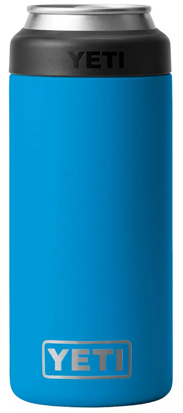 Yeti Rambler 12 oz. Colster Slim Can Insulator - A slim can insulator with a silver lid and a solid gray body.