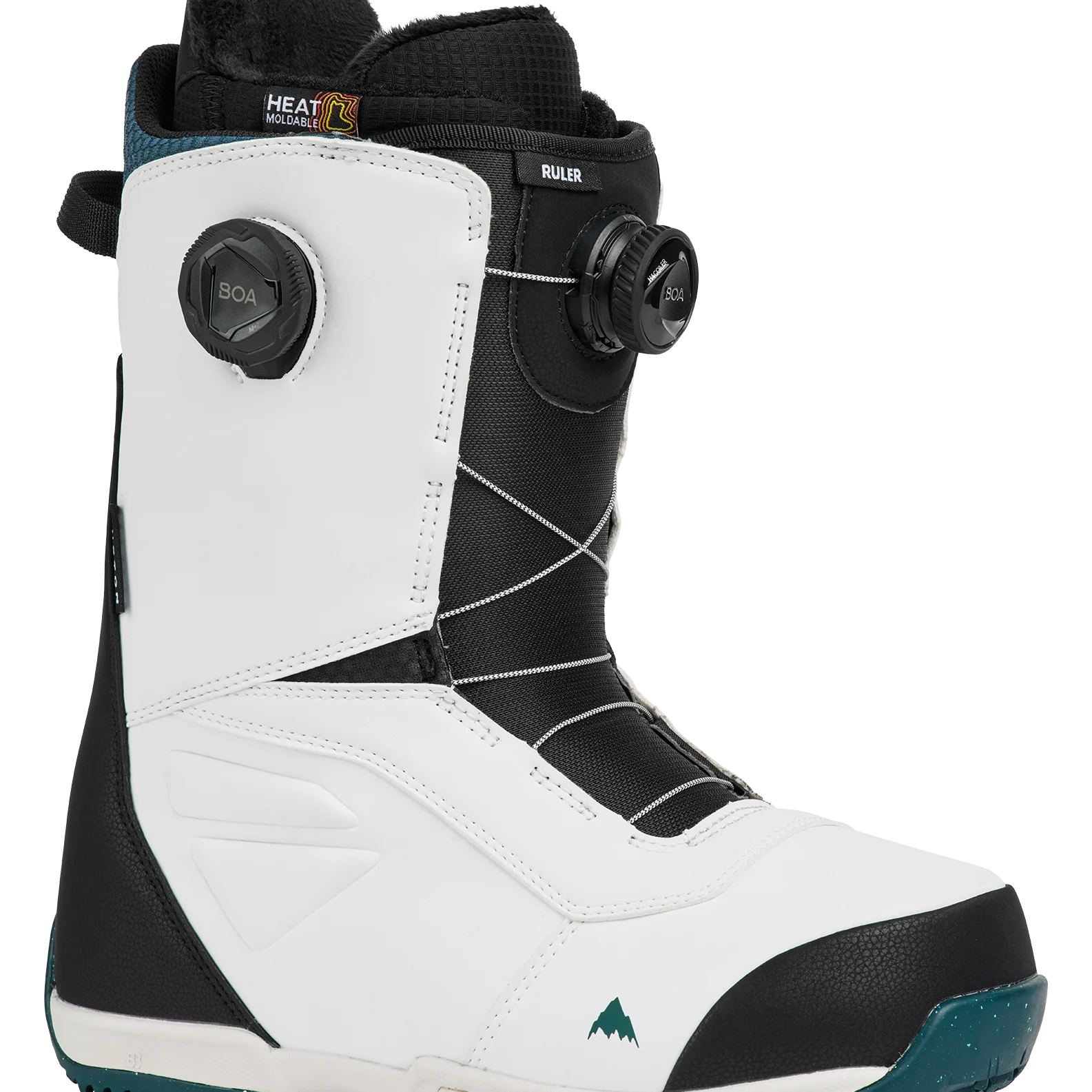 White and black snowboard boots with BOA dial closure and insulated lining