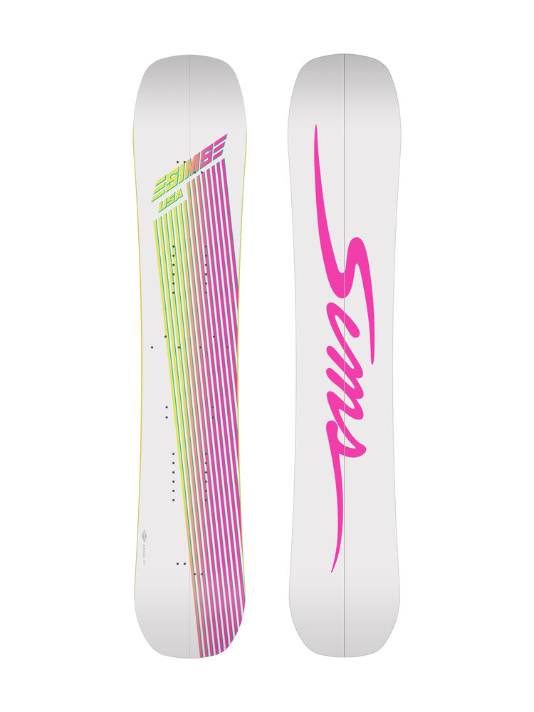 Sims ATV-X Snowboard 2025 - White snowboard with pink and green stripes on top.
