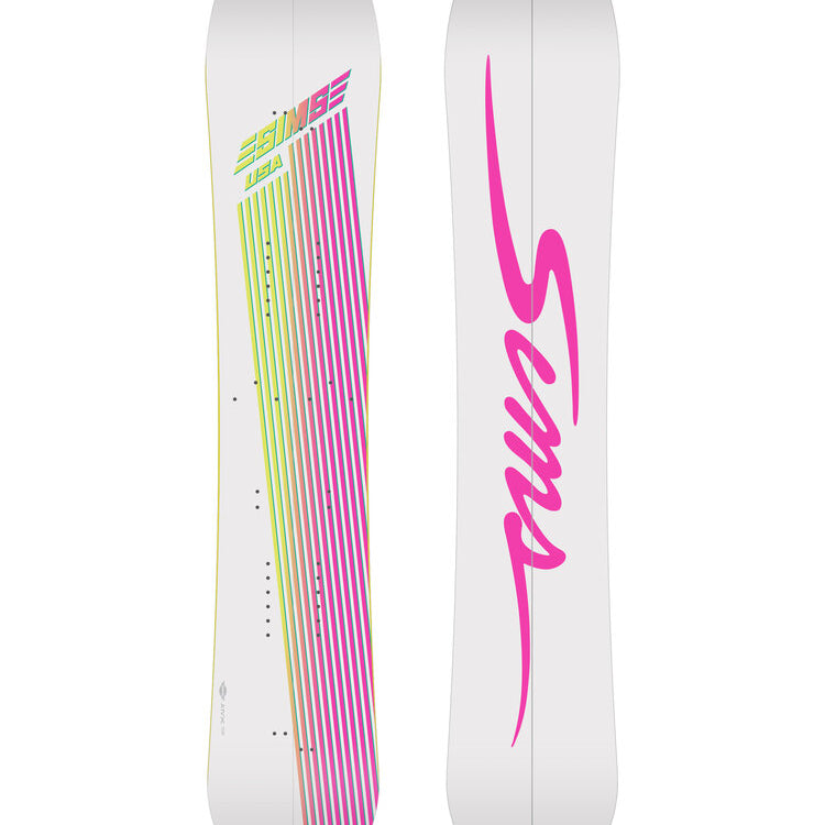 Sims ATV-X Snowboard 2025 - White snowboard with pink and green stripes on top.