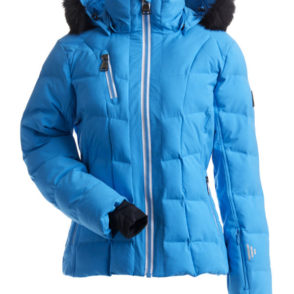 Nils Women's Megeve Insulated Faux Fur Jacket - A blue faux fur-lined jacket with a hood, featuring a zipper closure and two zippered pockets on either side.