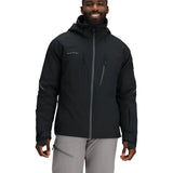Obermeyer Raze Insulated Jacket - A black insulated jacket with a hood, featuring two zippered pockets on the front and a white logo on the left chest.