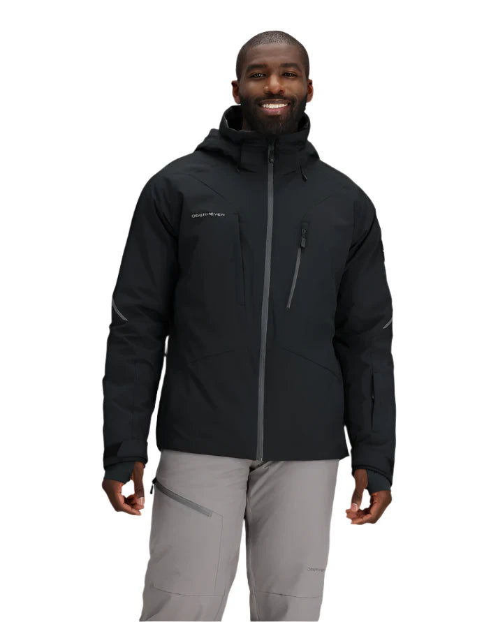 Obermeyer Raze Insulated Jacket - A black insulated jacket with a hood, featuring two zippered pockets on the front and a white logo on the left chest.