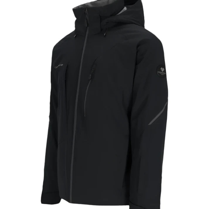 Obermeyer Raze Insulated Jacket 2025 - A black insulated jacket with a hood, featuring two zippered pockets on either side and a central zipper down the front.