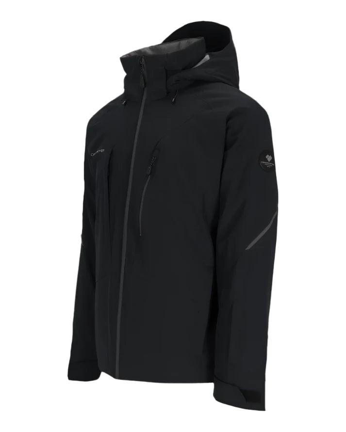 Obermeyer Raze Insulated Jacket 2025 - A black insulated jacket with a hood, featuring two zippered pockets on either side and a central zipper down the front.