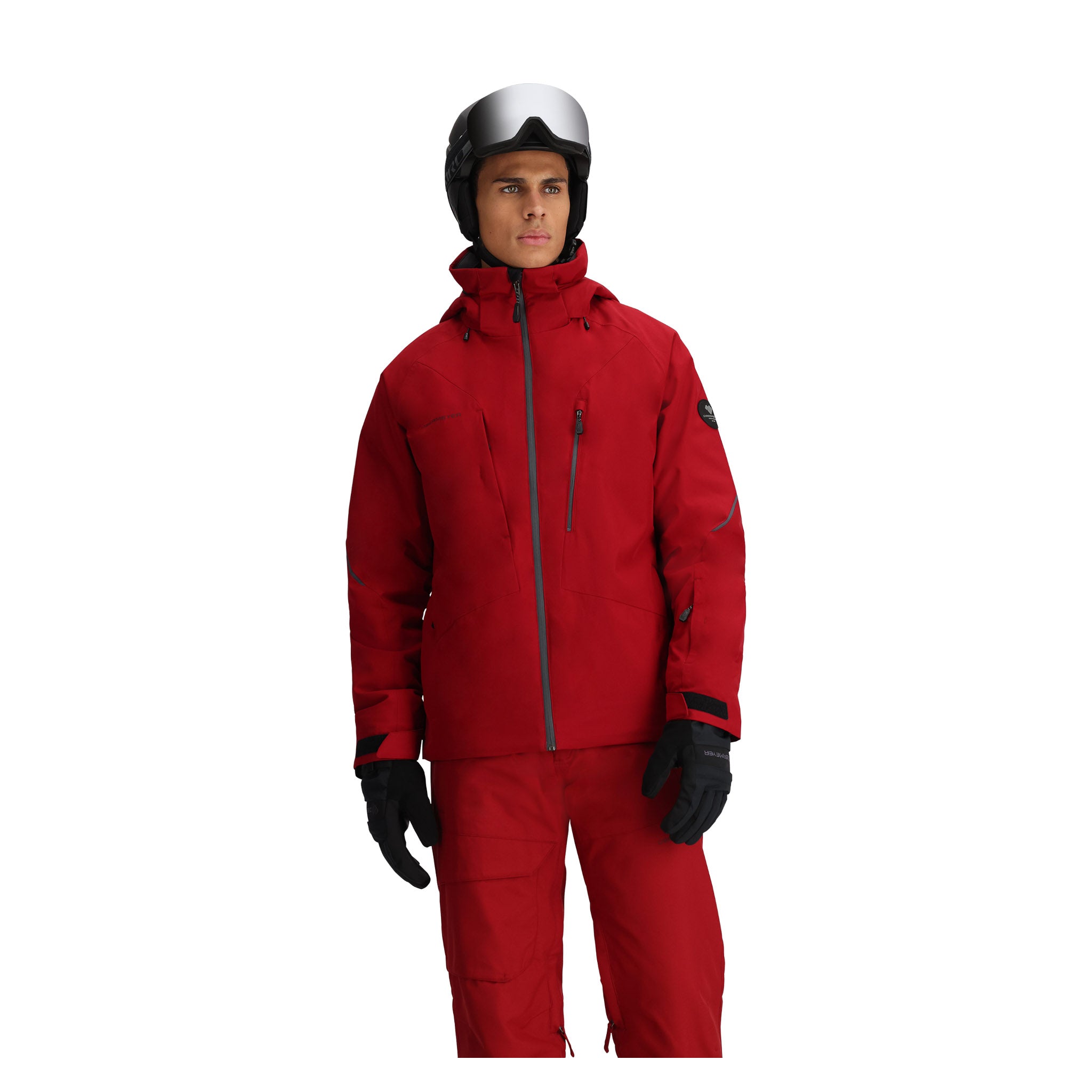 Obermeyer Raze Insulated Jacket 2025 - A red insulated jacket with a black zipper and two zippered pockets on either side.