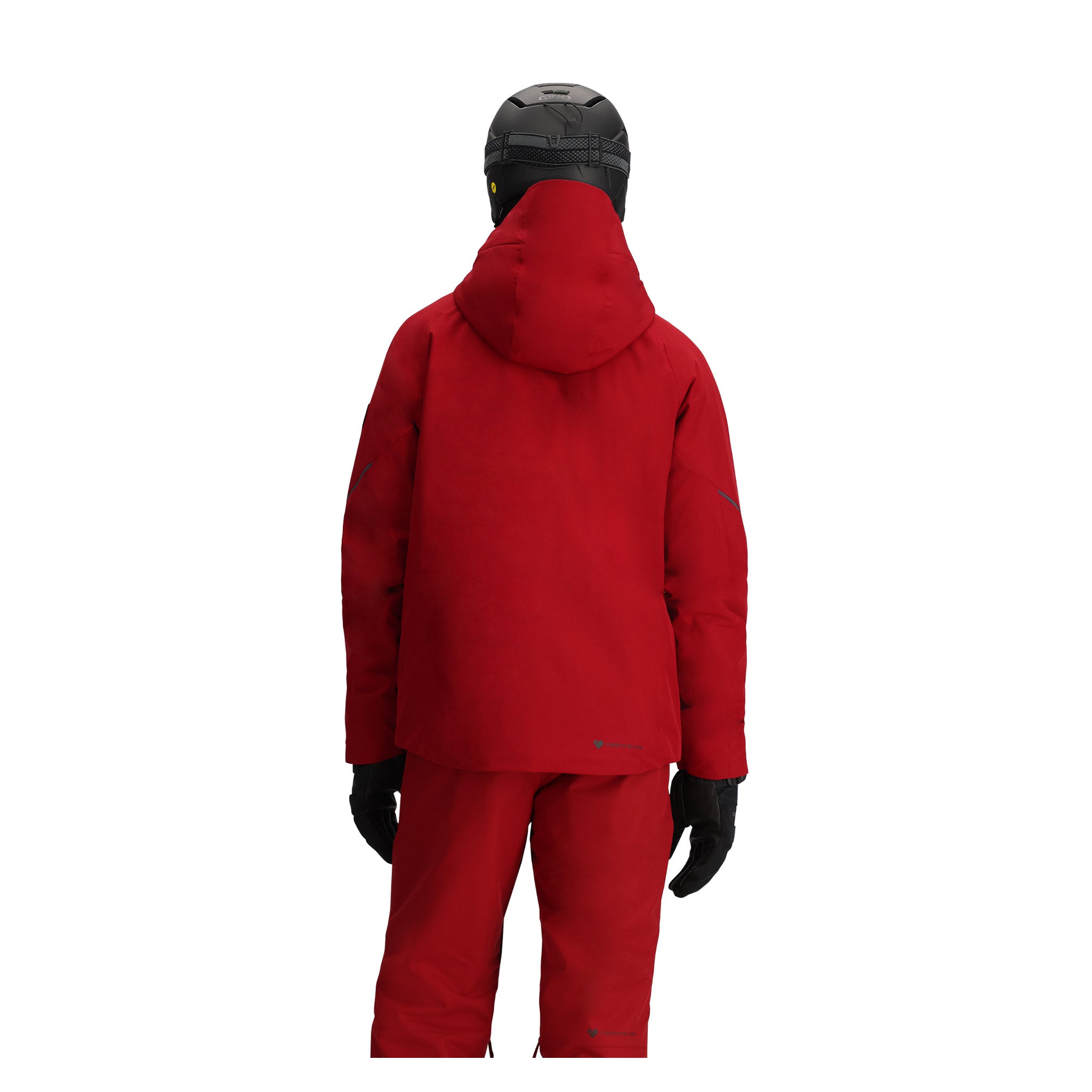 Obermeyer Raze Insulated Jacket 2025 - A red ski jacket with a hood, featuring black zippers and a black logo on the left chest.
