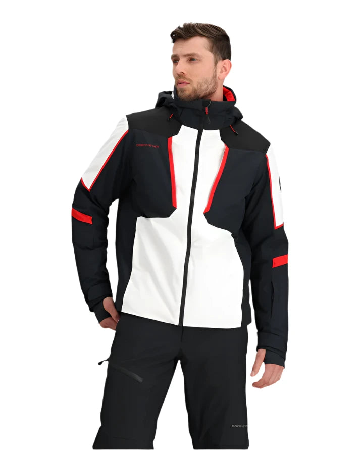 Obermeyer Foundation Insulated Jacket 2025 - A black insulated jacket with red accents and a white stripe on the left sleeve.