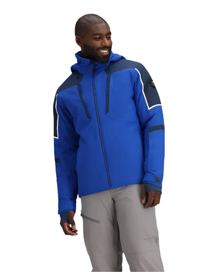 Obermeyer Foundation Insulated Jacket 2025 - A royal blue jacket with a navy shoulder panel and white stripe on the sleeve.