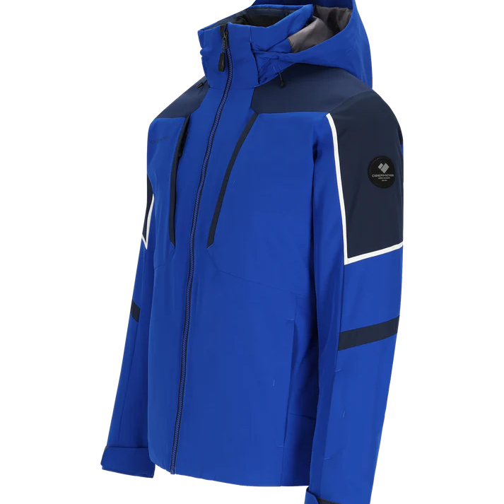 Obermeyer Foundation Insulated Jacket 2025 - A royal blue jacket with a navy shoulder panel and white trim, featuring a zippered front and hood.